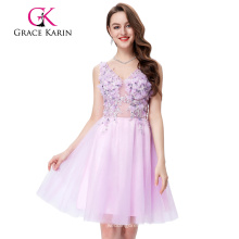 Grace Karin sin mangas con cuello en V de tul de compensación rosa vestido de baile corto GK001008-1